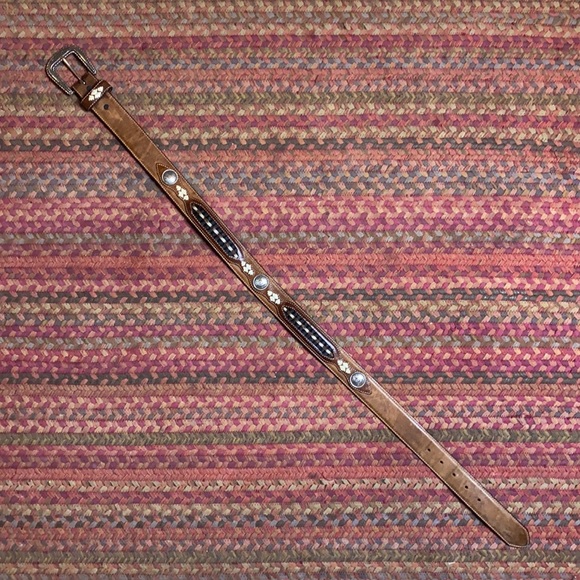 1995 VINTAGE JUSTINS BROWN LEATHER EMBROIDERED CONCHO WESTERN COWBOY BELT - Picture 9 of 10